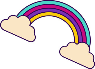 Five-band rainbow is arching between cream-colored clouds in flat design on transparent background