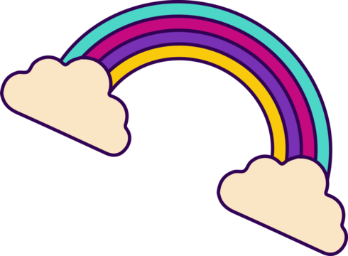 Five-band rainbow is arching between cream-colored clouds in flat design on transparent background