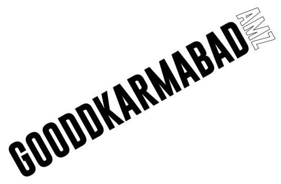 Stylized banner is showing on transparent backdrop, bold black GOODDKARMABAD outlined white AMZ