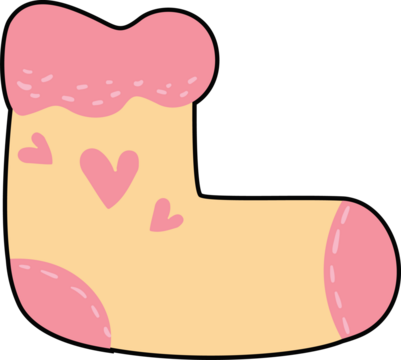 Flat design sock is floating on transparent background, heart stitch details, pink cuff, copy space