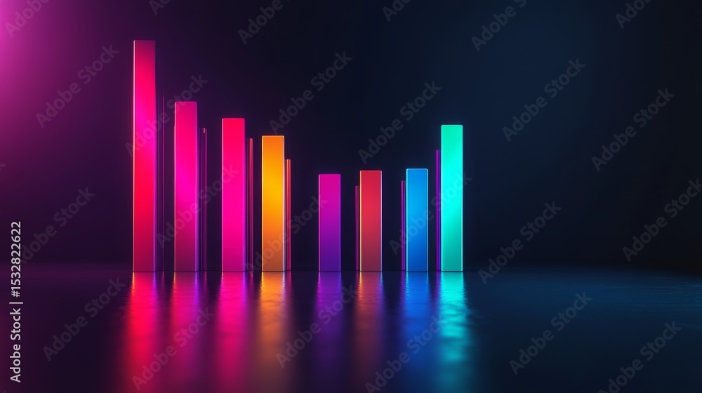 Poster A modern D bar graph in vibrant colors on a dark gradient background, with reflections and shadows enhancing its professional and sleek look