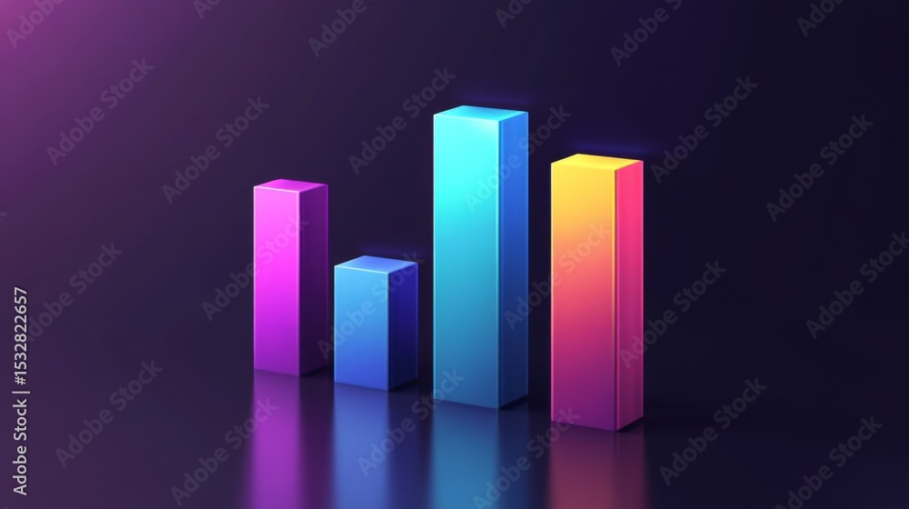 Poster A modern D bar graph in vibrant colors on a dark gradient background, with reflections and shadows enhancing its professional and sleek look
