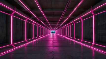 Fototapeta premium Dark Futuristic Neon-Lit Hallway – Abstract Geometric Design with Glowing Purple and Pink Lights in Moody Sci-Fi Atmosphere 4K image