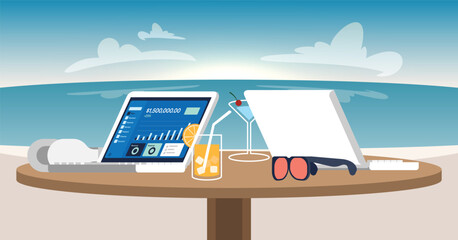 Beachside Co-Working Illustration Vector