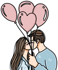 Love's Gentle Whisper: A tender moment of affection unfolds as a couple shares a kiss, cradling heart-shaped balloons, a celebration of romance and affection.