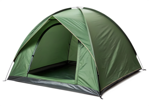 A close up shot of a green camping tent with an open entrance on a black background in a studio