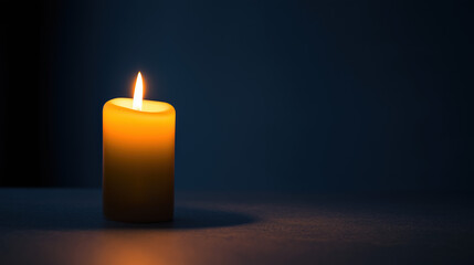 Single Lit Candle in Dark Room with Soft Glow – Symbol of Hope, Calm, Solitude, and Reflection – Minimalist Lighting Concept with Empty Copy Space