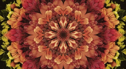 Intricate kaleidoscope of reddish-orange flowers forming a symmetrical mandala.  Warm hues dominate, creating a vibrant and visually appealing pattern
