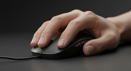 A hand comfortably grips a wired computer mouse on a dark surface