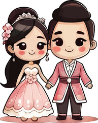 Cute Couple's Wedding Day: A lovely couple stands hand in hand, ready to begin their journey in a sweet illustration of their wedding day. Capturing love and joy.
