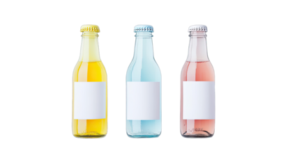 Three colorful glass bottles with blank labels