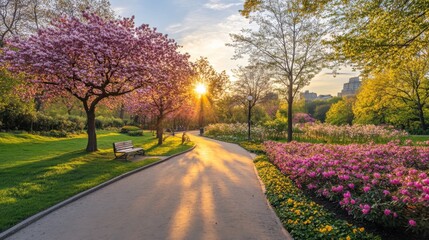 Naklejka premium A panoramic view of a cherry blossom park during peak bloom, with pathways lined by blooming trees and soft sunlight filtering through the branches, inviting visitors