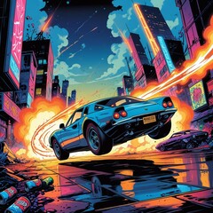 High-Speed Vintage Car Escaping Explosive Chaos in a Vibrant Cyberpunk Cityscape