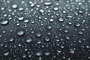 Captured close-up of water droplets on a dark surface, reflecting light. The water droplets create an elegant pattern