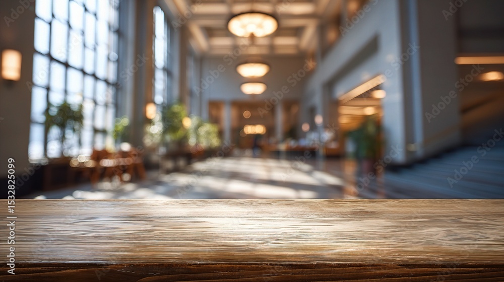Poster sunlit lobby area with oak table and blurred background view