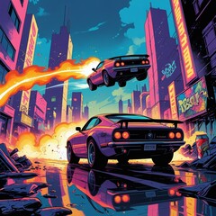 Retro Futuristic Sports Car Racing Through Neon Apocalypse Streets with Flaming Trails
