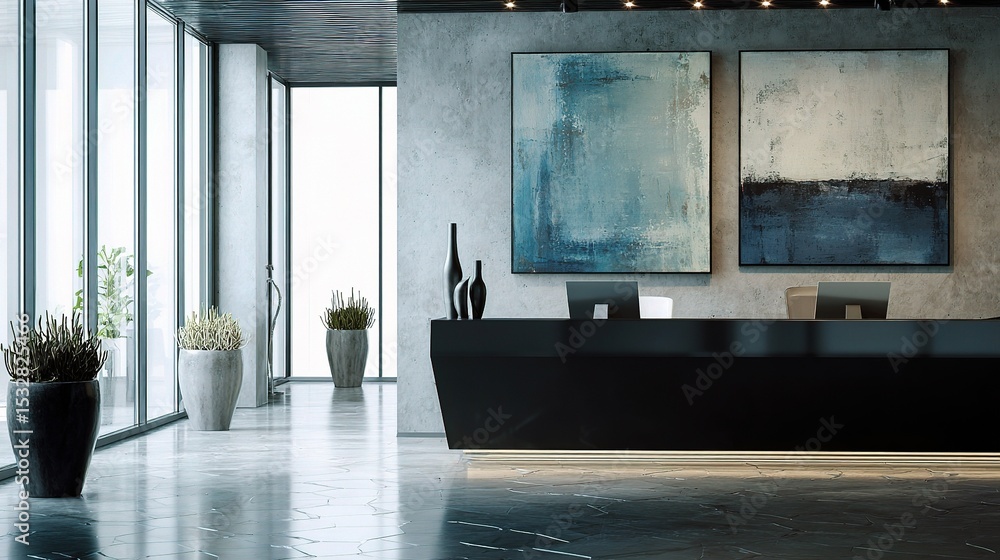 Poster modern office reception with soft focus and sleek desk design