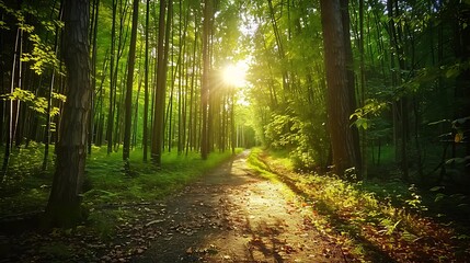 Obraz premium Bamboo forest path with filtered sunlight and forest floor leaves.