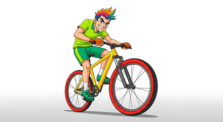 Obraz premium Energetic Cartoon Illustration of a Young Man Riding a Mountain Bike