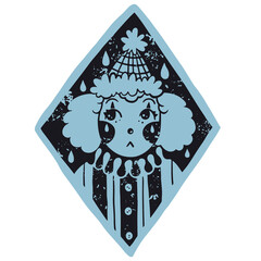 Stylized two-tone clown with grid hat and ruffled collar is appearing in transparent diamond frame