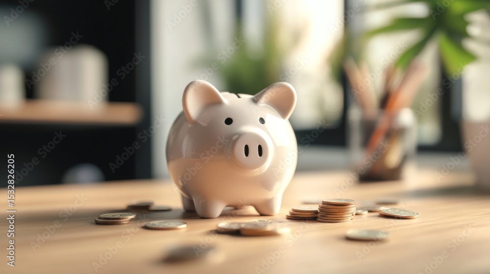 Aufkleber a piggy bank on a wooden desk with a few scattered coins, creating a warm atmosphere that emphasizes