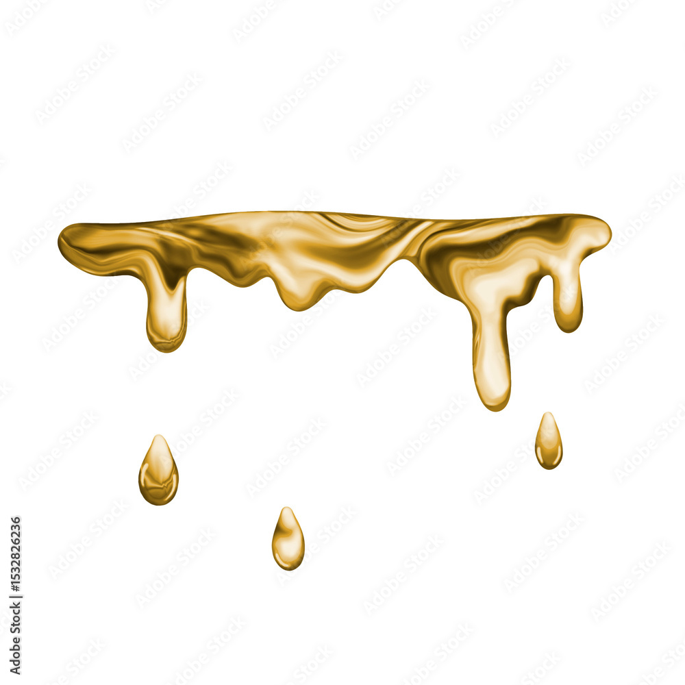 Poster dripping gold is flowing in abstract render with melting ribbon, droplets on transparent background