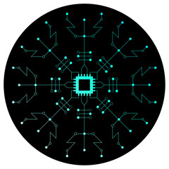 Flat snowflake circuit is appearing in transparent space with turquoise microchip arms, copy space