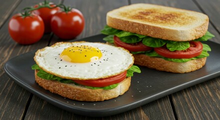 Two open-faced sandwiches with fried eggs and tomato slices on toasted bread, served on a dark tray with fresh tomatoes in the background