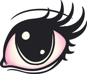 Cartoon eye is showing bold outlines and exaggerated lashes, pink sclera, transparent background