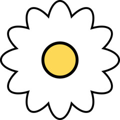 White daisy-like flower is appearing in flat design with yellow center, transparent background