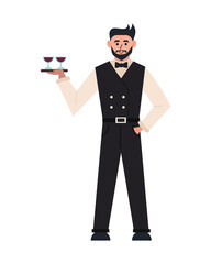 Attentive Waiter with Beverage Service: A smartly dressed waiter holds a tray, delicately presenting two glasses of wine with an air of attentiveness and professionalism.