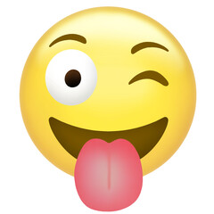 Flat design cartoon yellow face emoticon is winking and sticking out tongue, transparent background