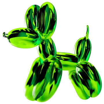 Glossy green balloon dog sculpture is being shown in 3D render with transparent background