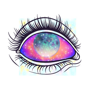 Naklejki Stylized eye is floating in transparent flat design, featuring galaxy iris and watercolor splash