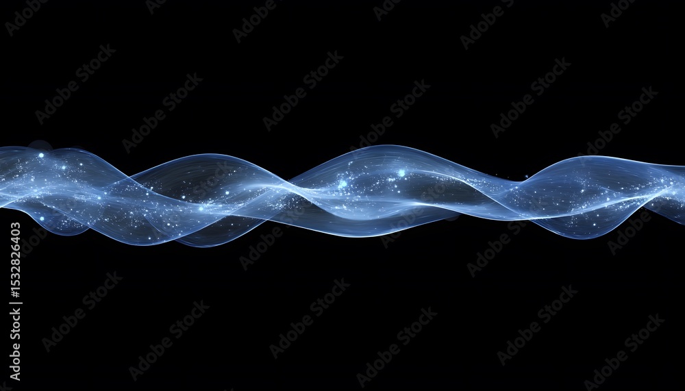 Poster abstract design of flowing, light blue waves with embedded particles.