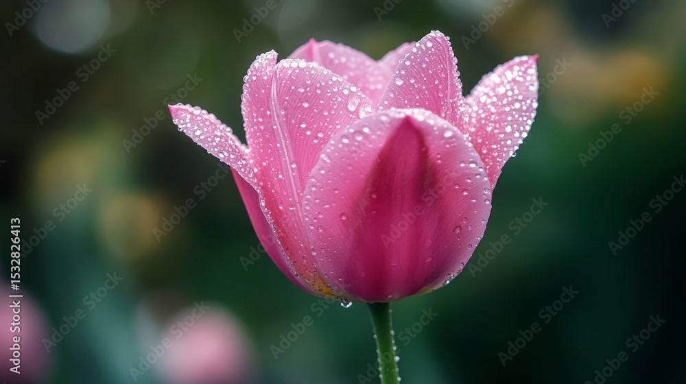 Poster a pink tulip with sparkling water droplets on its petals, captured on a rainy day with a soft-focus 