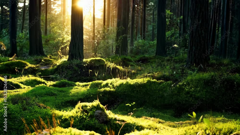 Poster sunlight shining on mossy forest floor with coniferous trees creating a peaceful atmosphere in a nat
