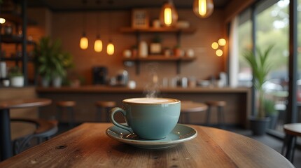 Fototapeta premium Warm coffee cup rests on wooden table in cozy cafe, with a modern interior design and softly glowing lights that create a welcoming atmosphere during the afternoon
