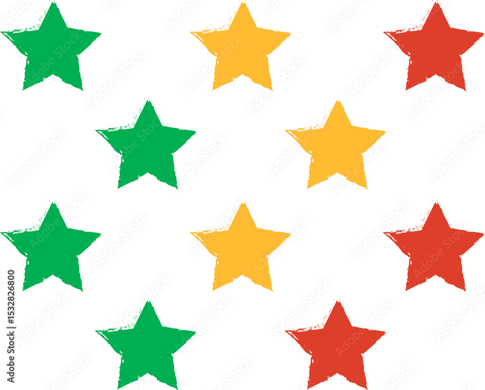 Poster cluster of colored stars is being shown on clear background in vector style with distressed edges