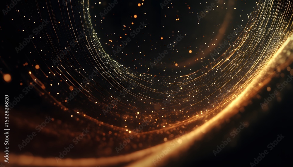 Poster abstract design with golden particles and lines.