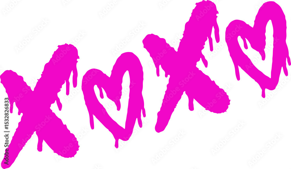 Poster flat design is showing magenta x and heart shapes dripping paint on transparent background