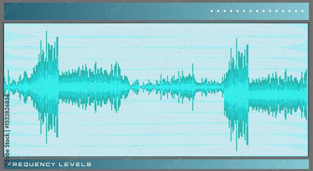 Poster audio waveform is moving across transparent flat ui with turquoise peaks teal grid frequency levels