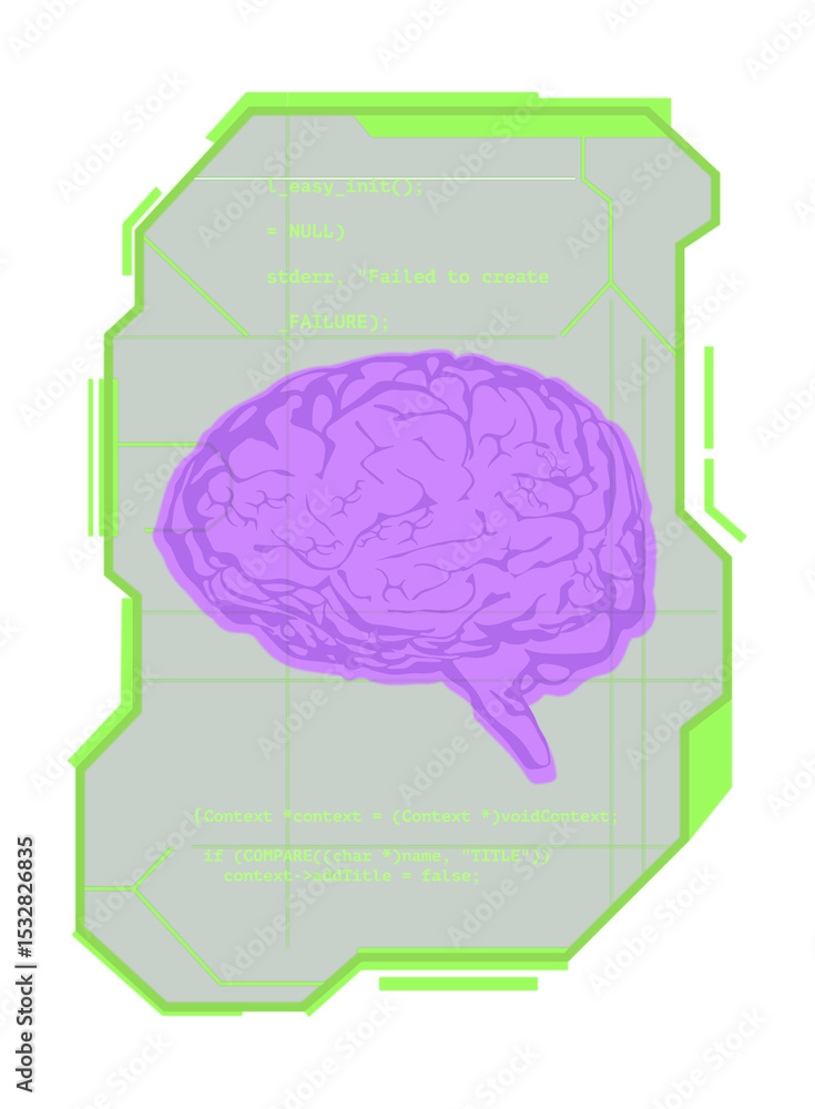 Poster stylized purple brain floating over futuristic ui frame showing code text on transparent background