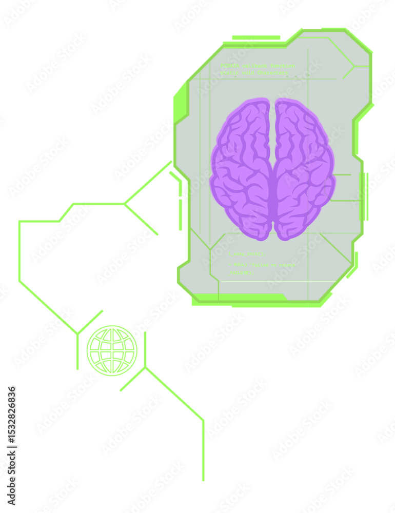 Poster flat purple brain is floating in neon-green ui globe-icon and code overlays on transparent backgro