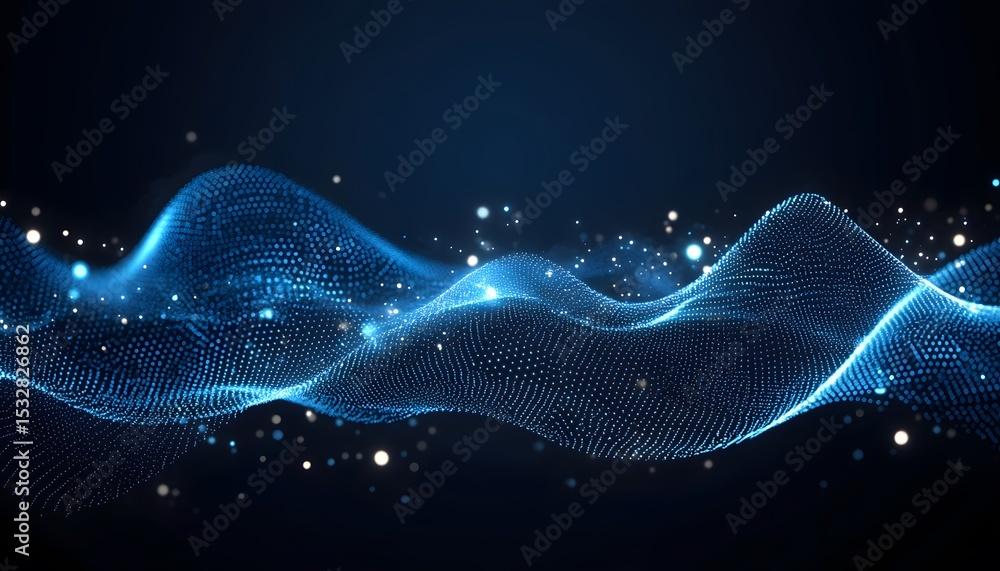 Poster abstract digital wave design with glowing particles.