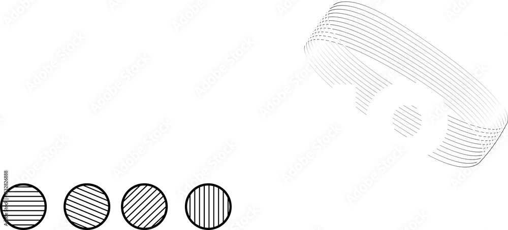 Poster white techno lettering is floating flat on clear background with abstract loop and striped circles