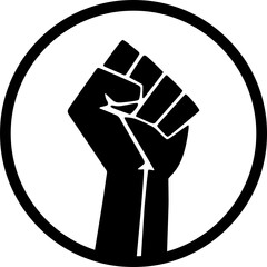 Stylized fist silhouette is standing inside bold circular border, flat style on transparent canvas