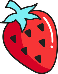 Red strawberry is floating in flat style, with teal leaves, black seeds, transparent background