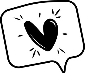 Black stylized heart is floating inside speech bubble on transparent background, with spark shapes