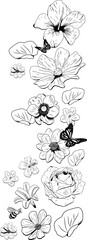 Vertical hand-drawn flowers and leaves are appearing in black line art on transparent background